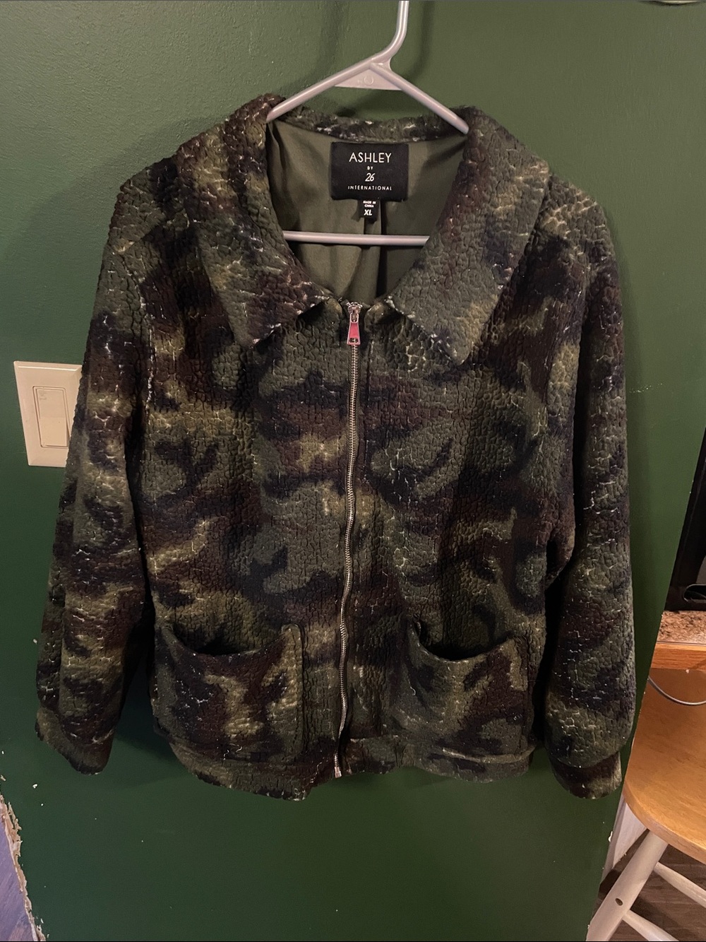 Ashley By 26 International Olive Camo Teddy Zip Jacket Fleece Size XL